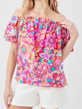 Trina Turk Off-Shoulder Floral Blouse in Pink Multi